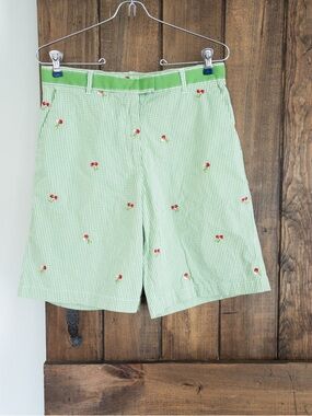 Green Gingham Embroidered Cherry Girl Check Ribbon Trim Bermuda Shorts Women 8